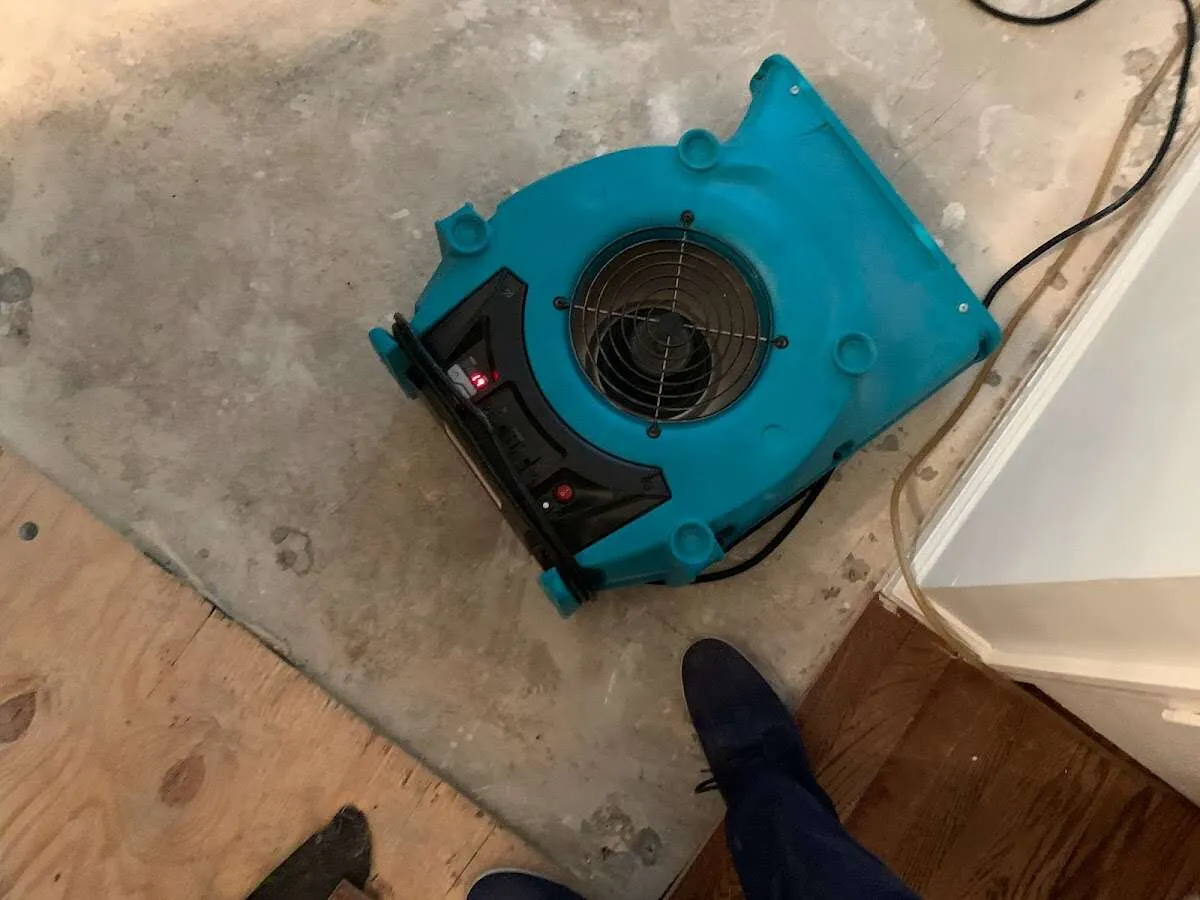Air mover drying subfloor during Commercial Water Damage Restoration in Henderson